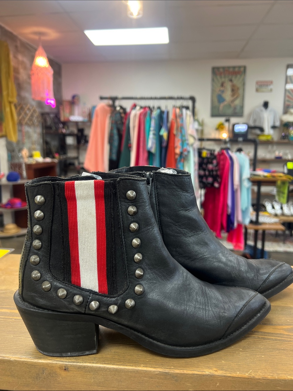 Black Leather Ankle Booties with Red & White Stripe Detail